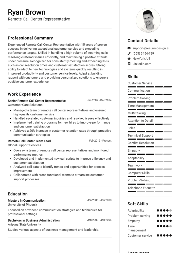 Remote Call Center Representative Resume Example