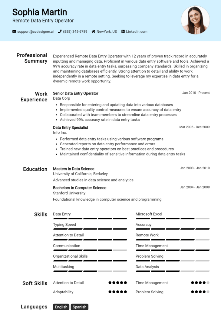 Remote Data Entry Operator Resume Example