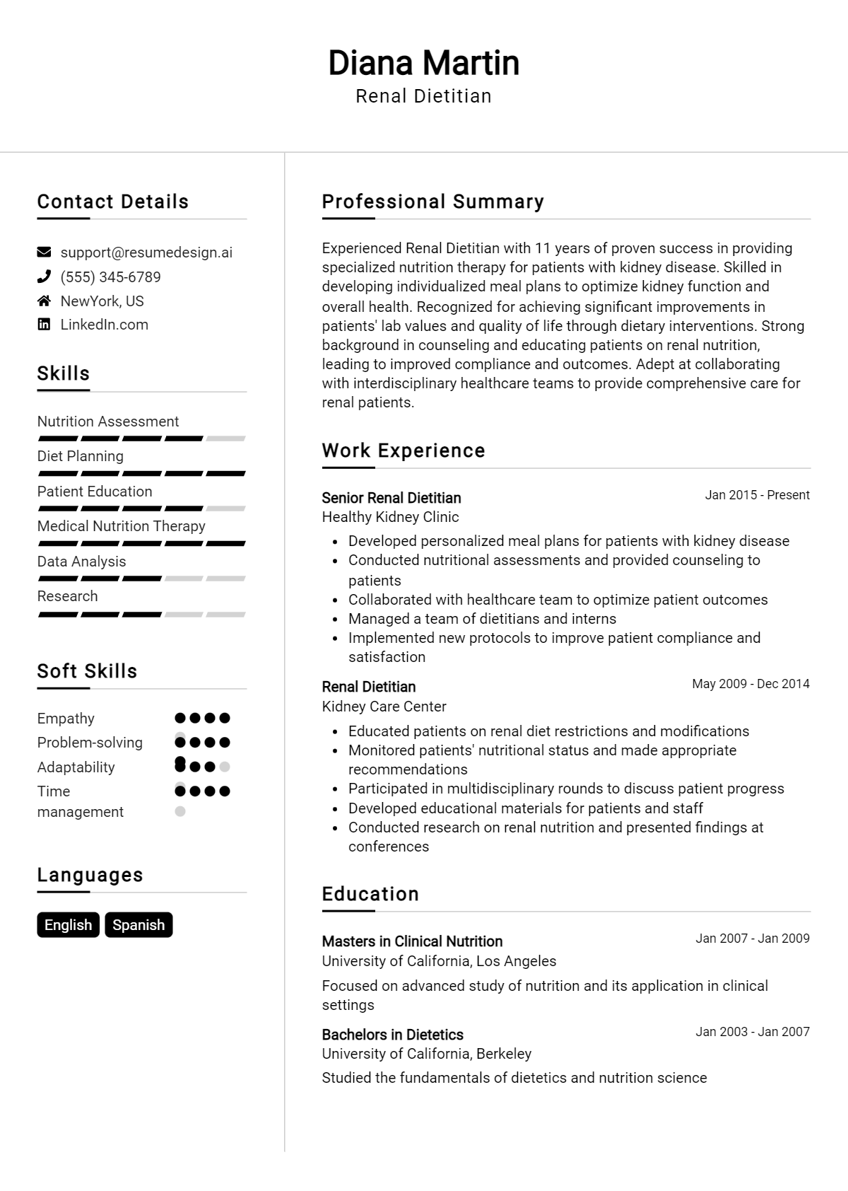 Renal Dietitian Resume Example