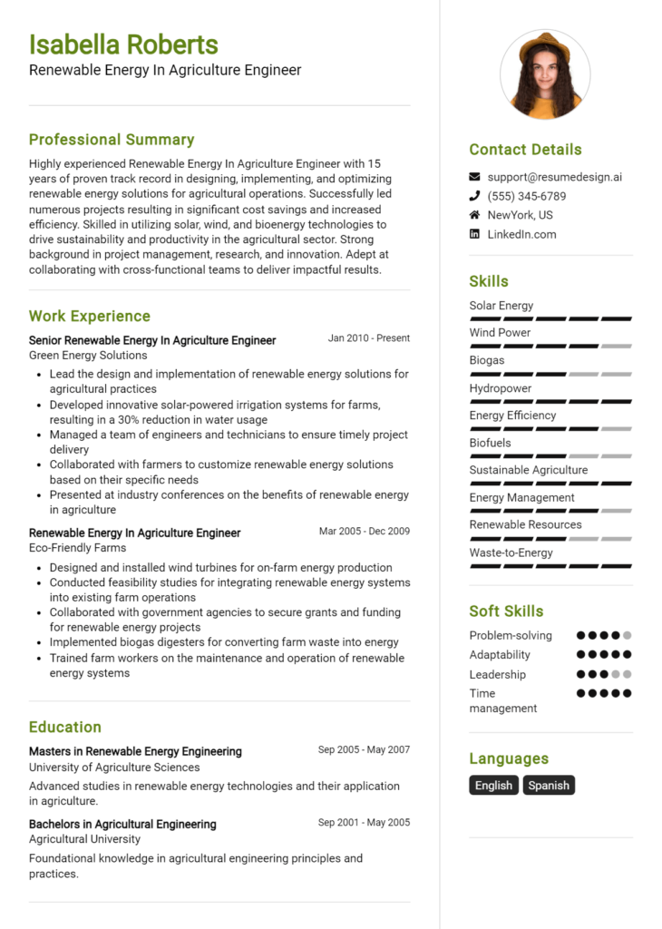 Renewable Energy In Agriculture Engineer Resume Example