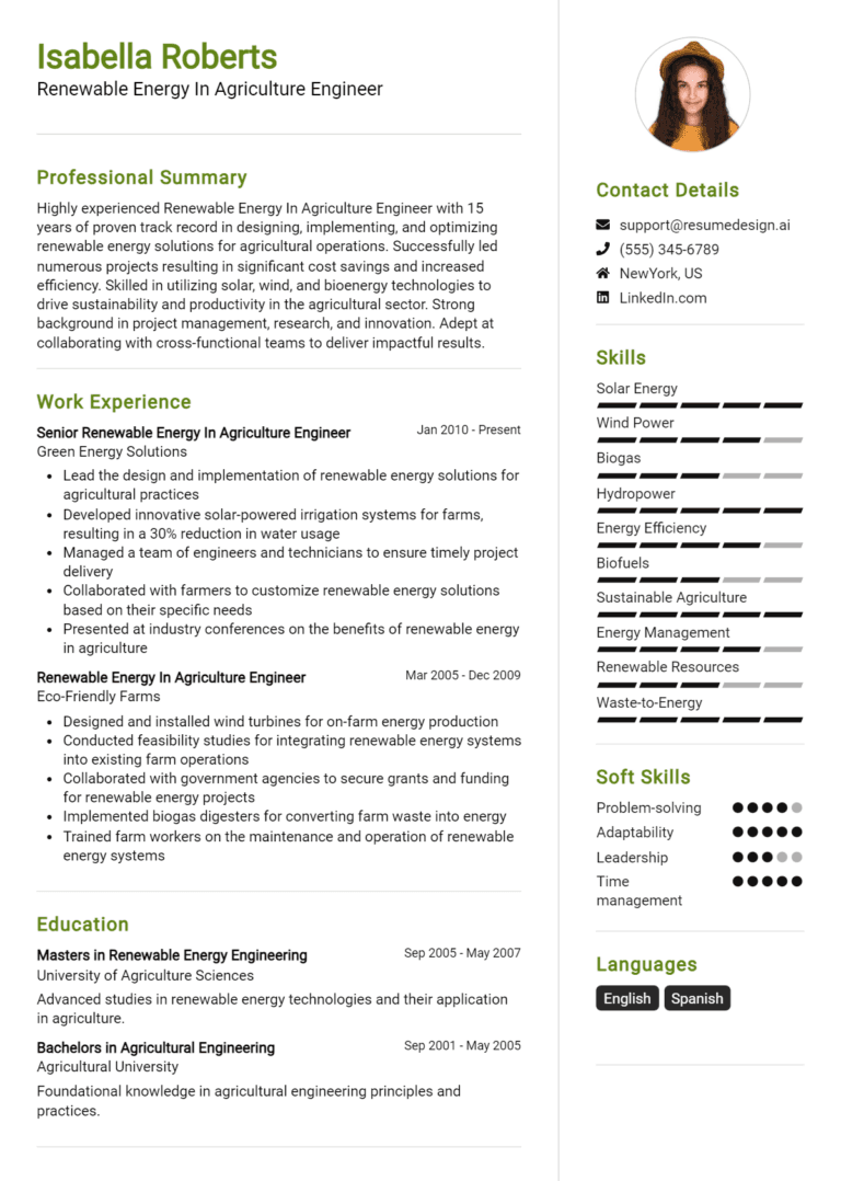 19 Renewable Energy in Agriculture Engineer Resume Examples And Templates for 2025