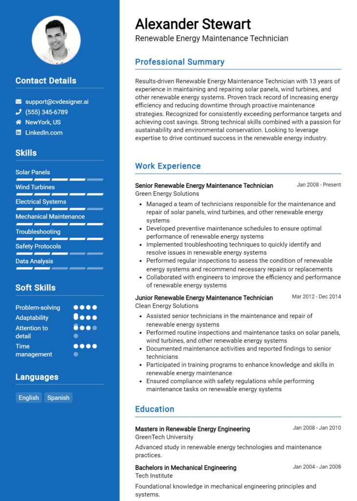 Renewable Energy Maintenance Technician Resume Example