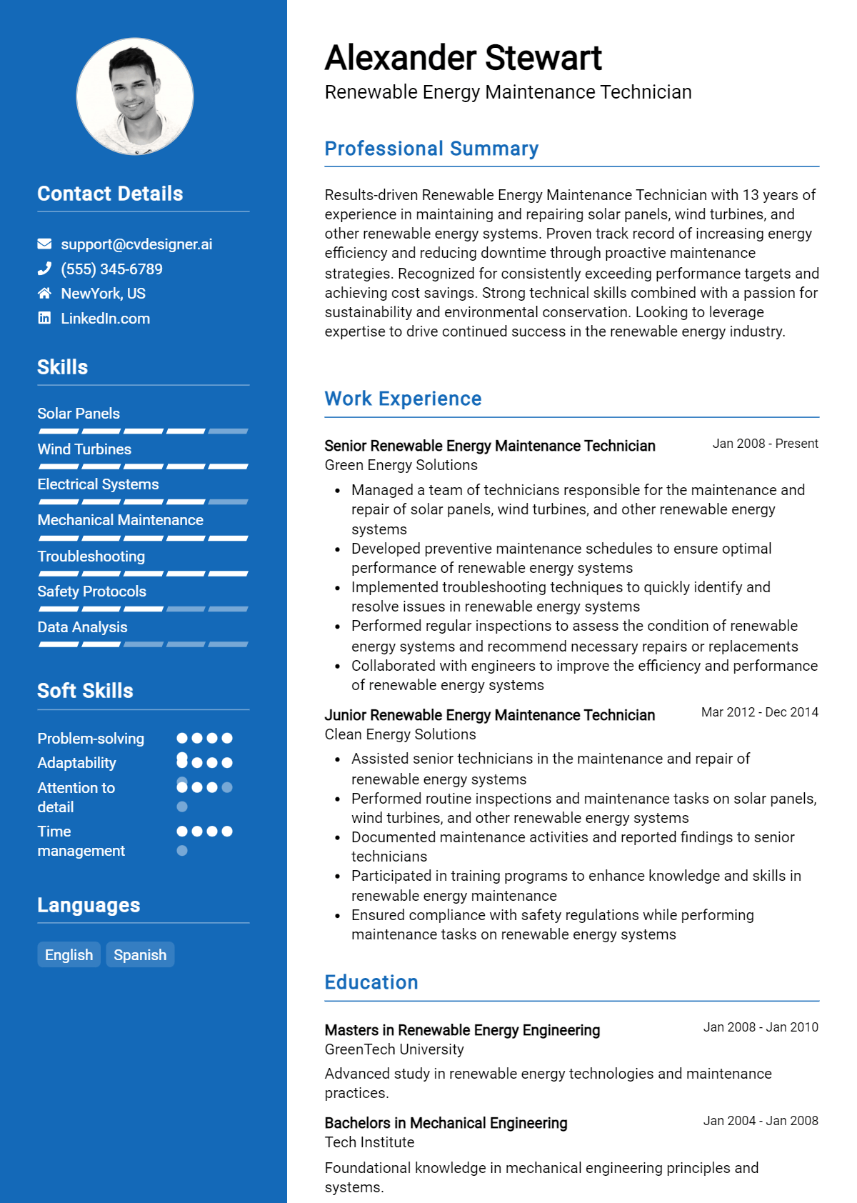 Renewable Energy Maintenance Technician Resume Example