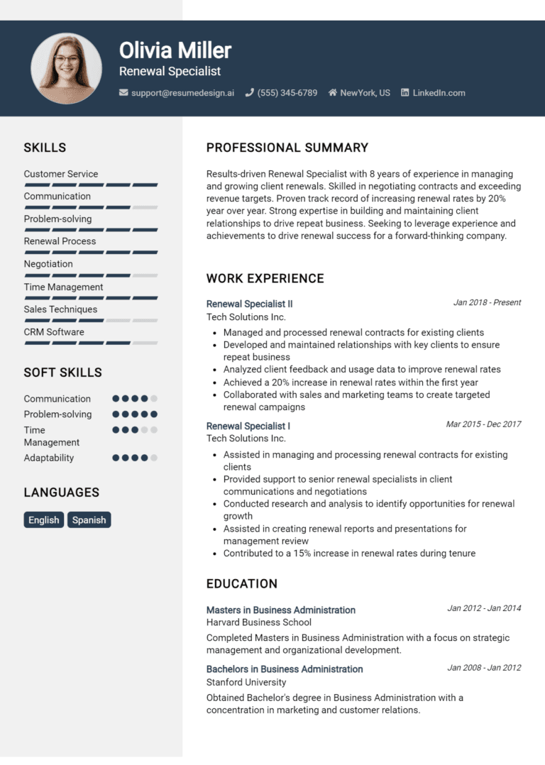 19 Renewal Specialist Resume Examples And Templates for 2025: Best Tips