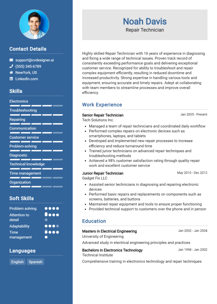 Repair Technician Resume Example