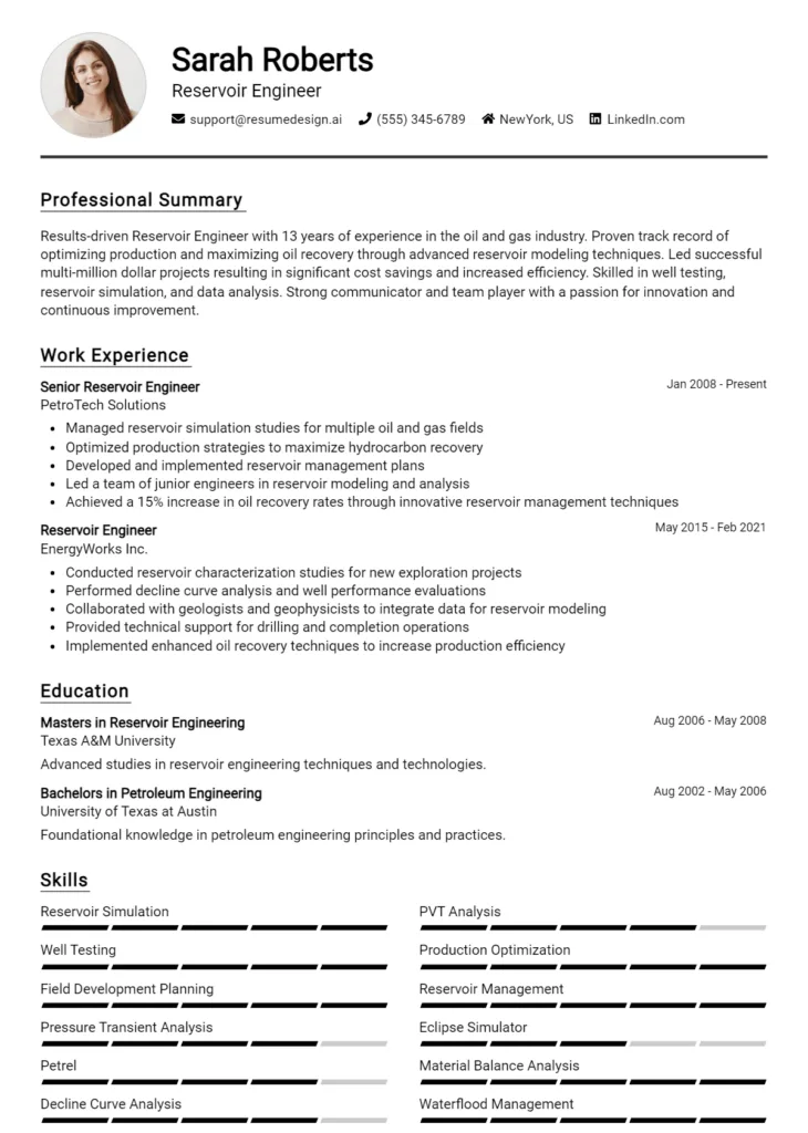 Reservoir Engineer Resume Example