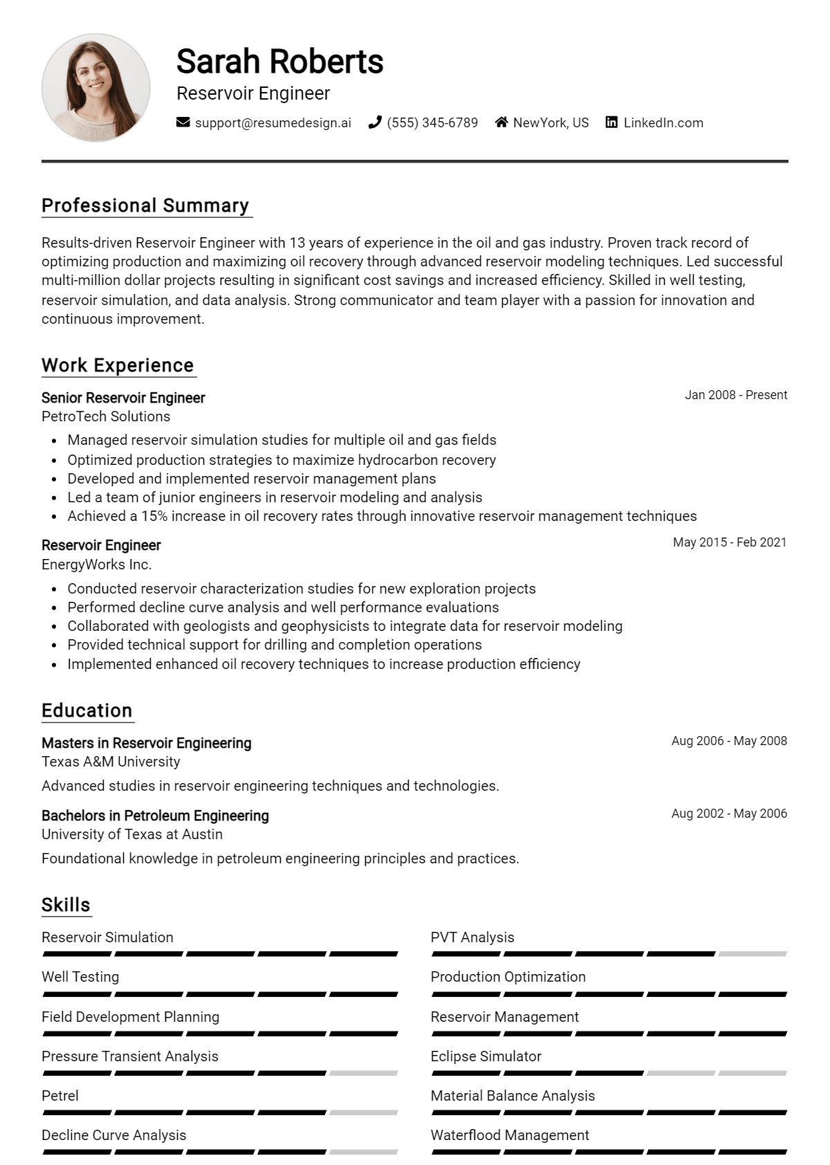 Reservoir Engineer Resume Example