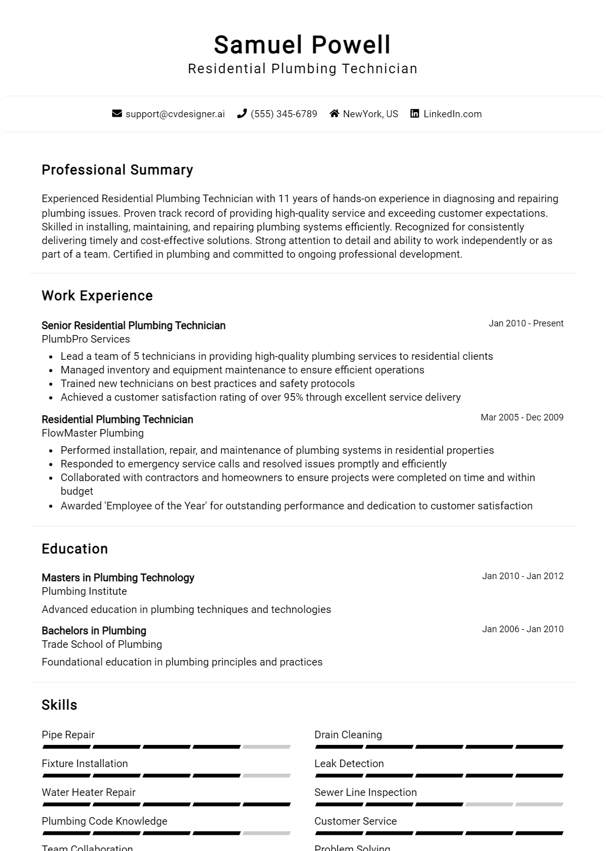 Residential Plumbing Technician Resume Example