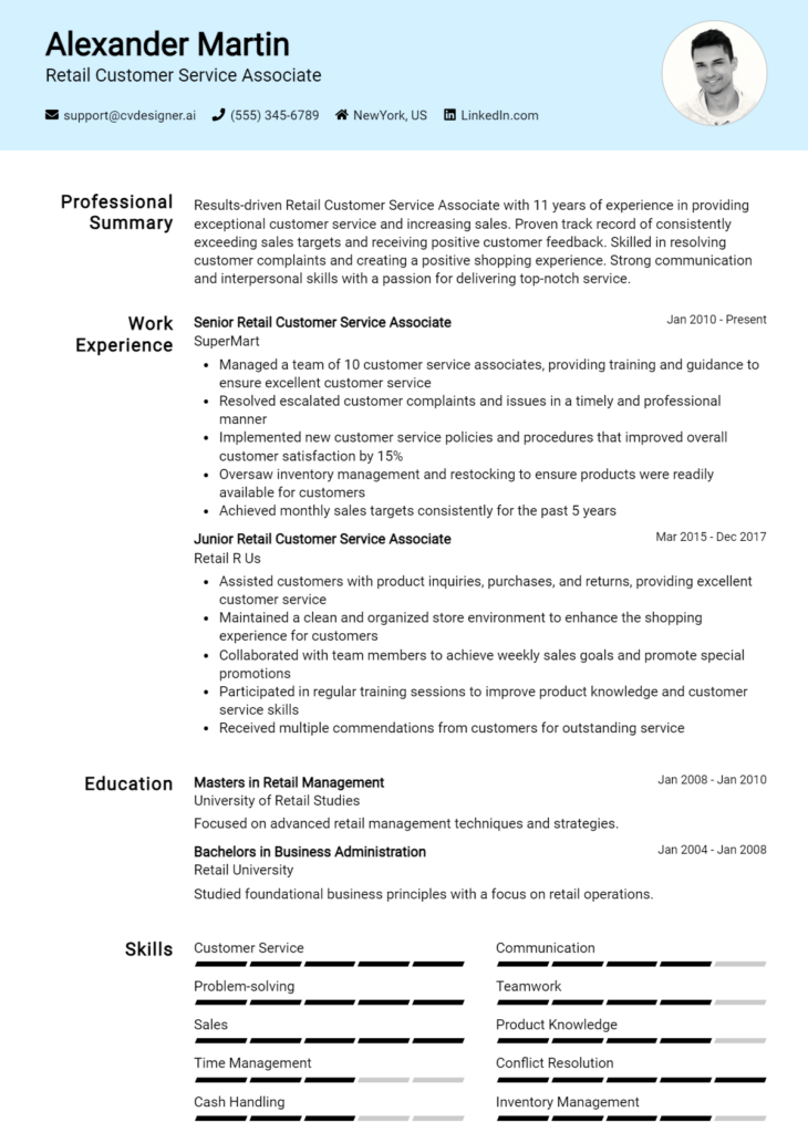 Retail Customer Service Associate Resume Example