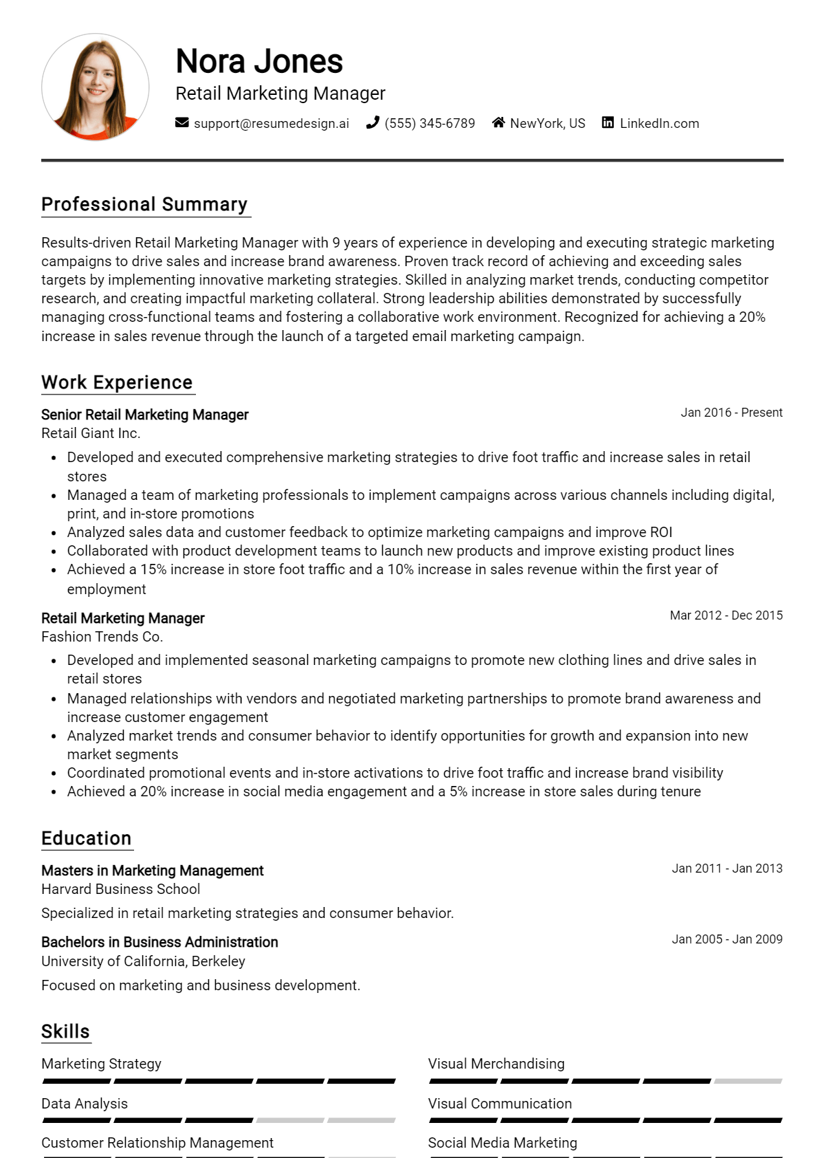 Retail Marketing Manager Resume Example