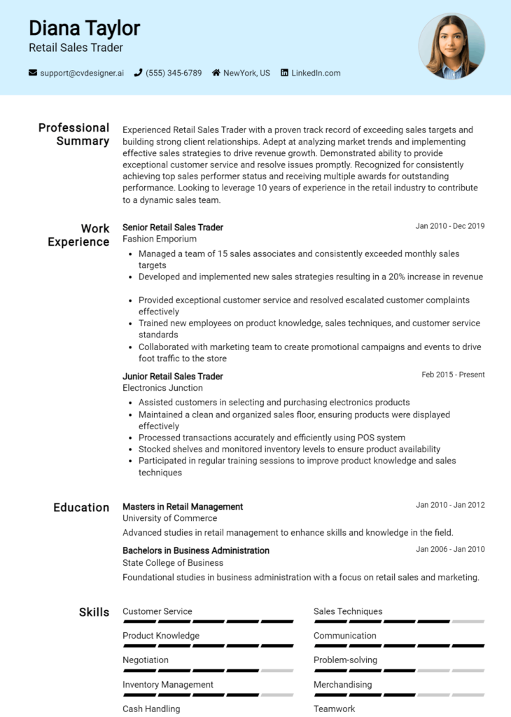 Retail Sales Trader Resume Example