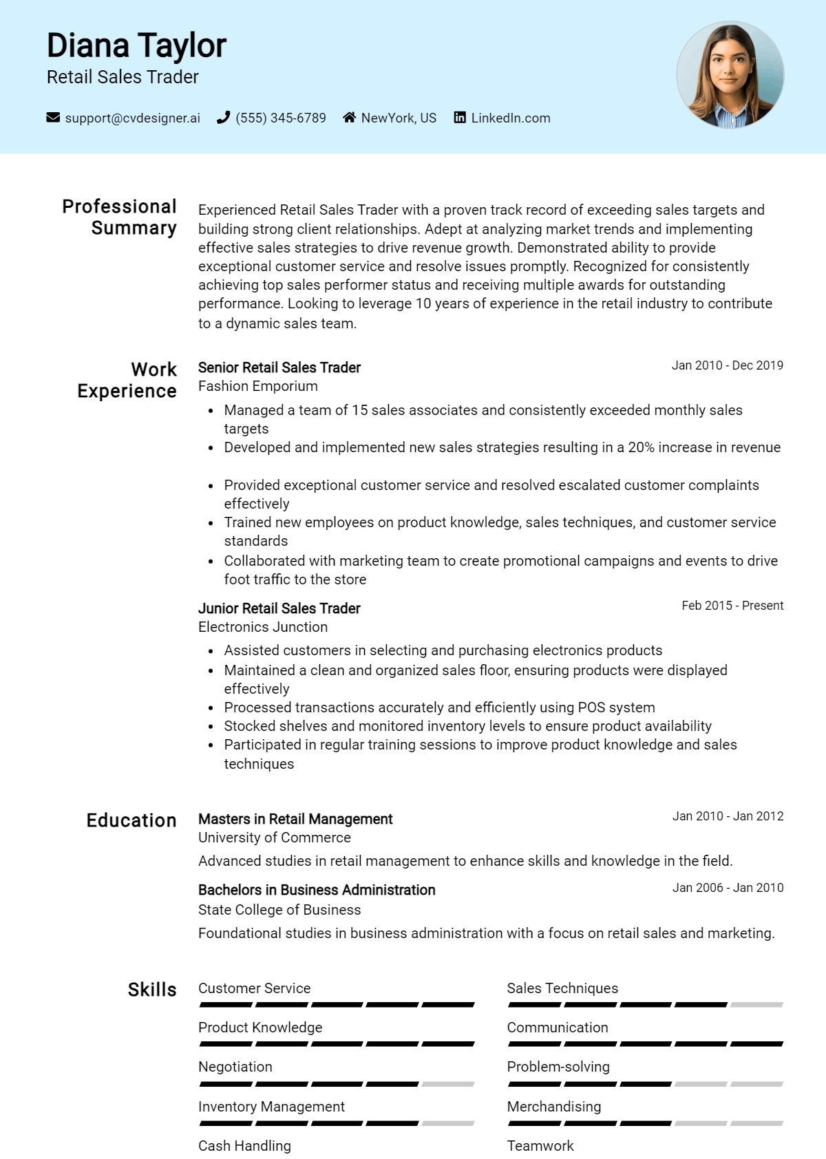 Retail Sales Trader Resume Example