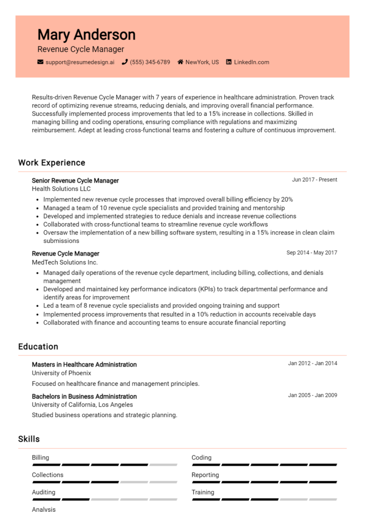 Revenue Cycle Manager Resume Example