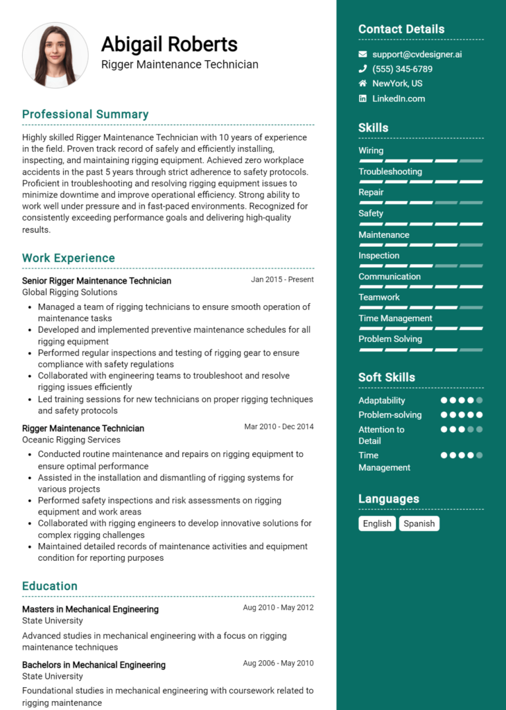 Rigger Maintenance Technician Resume Example