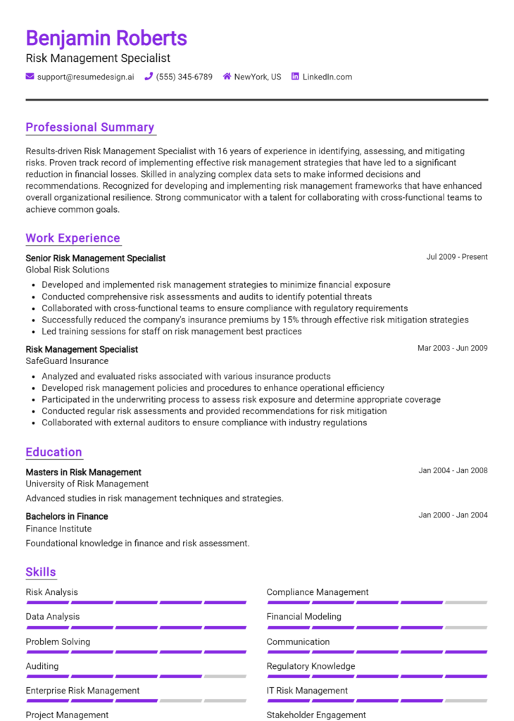 Risk Management Specialist Resume Example