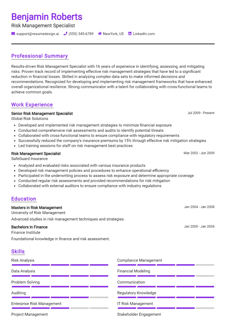 21 Risk Management Specialist Resume Examples And Templates for 2025 (Downloadable)