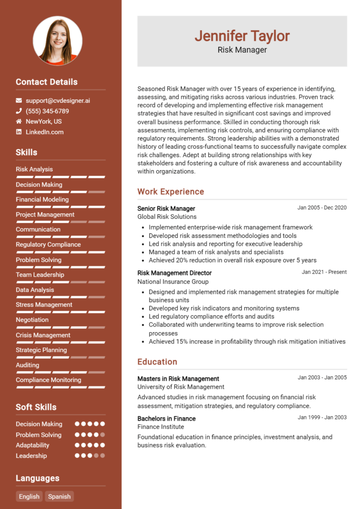 Risk Manager Resume Example