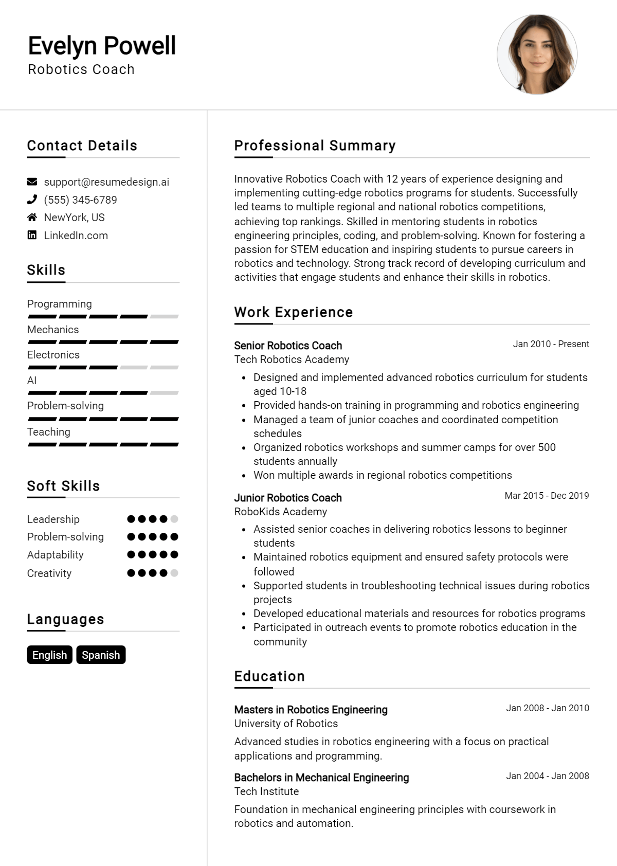 Robotics Coach Resume Example