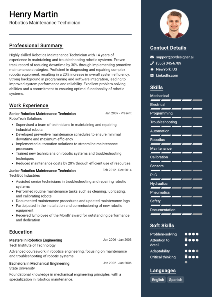 Robotics Maintenance Technician Resume Example