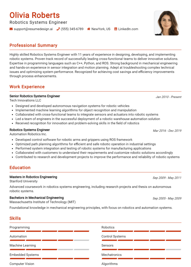 Robotics Systems Engineer Resume Example