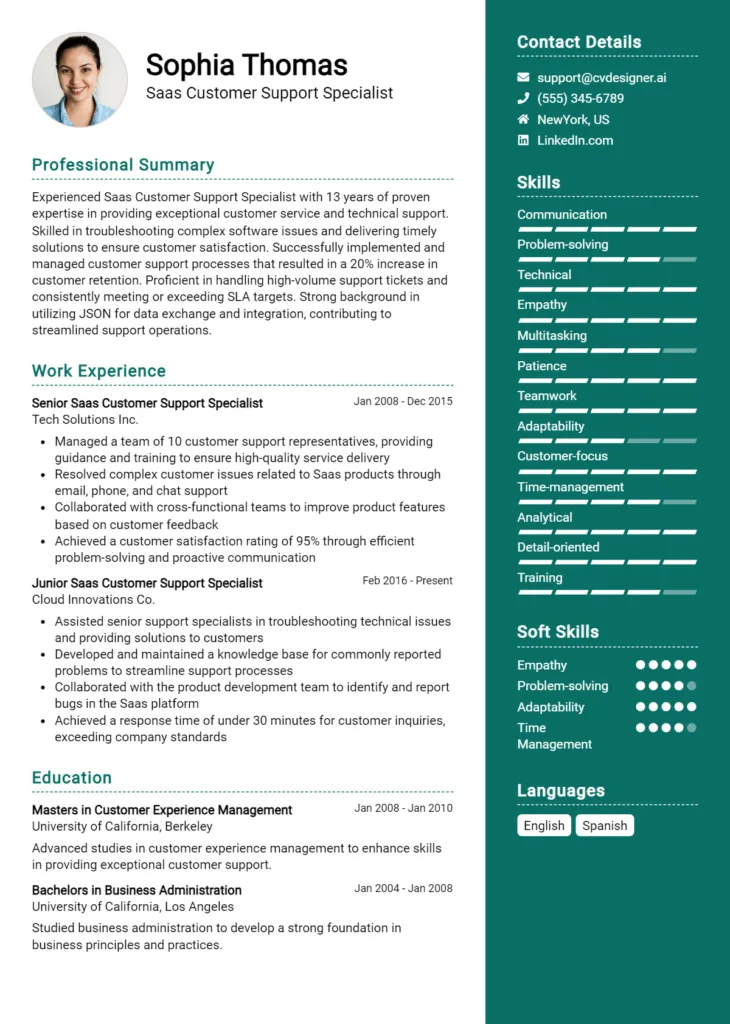 Saas Customer Support Specialist Resume Example