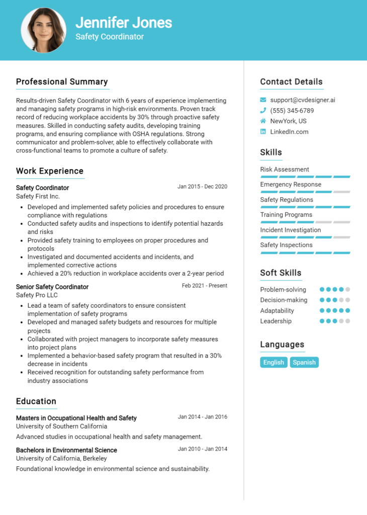 Safety Coordinator Resume Example