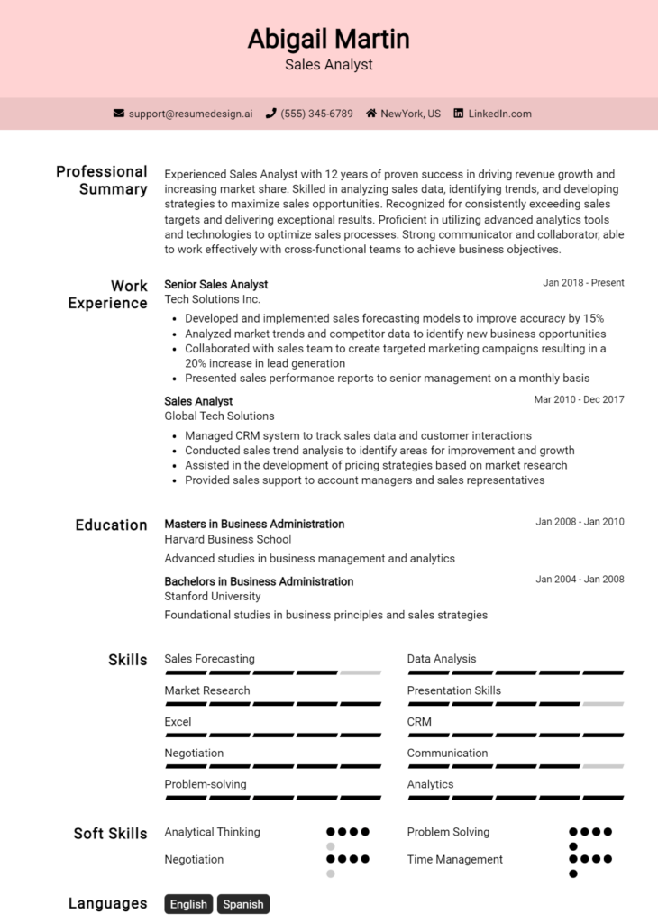 Sales Analyst Resume Example