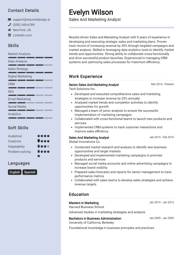 27 Sales and Marketing Analyst Resume Examples And Templates for 2025 (Downloadable)