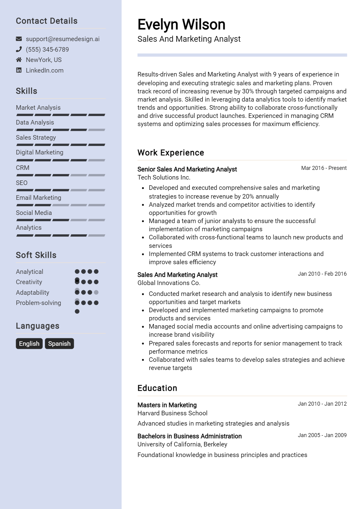 Sales And Marketing Analyst Resume Example