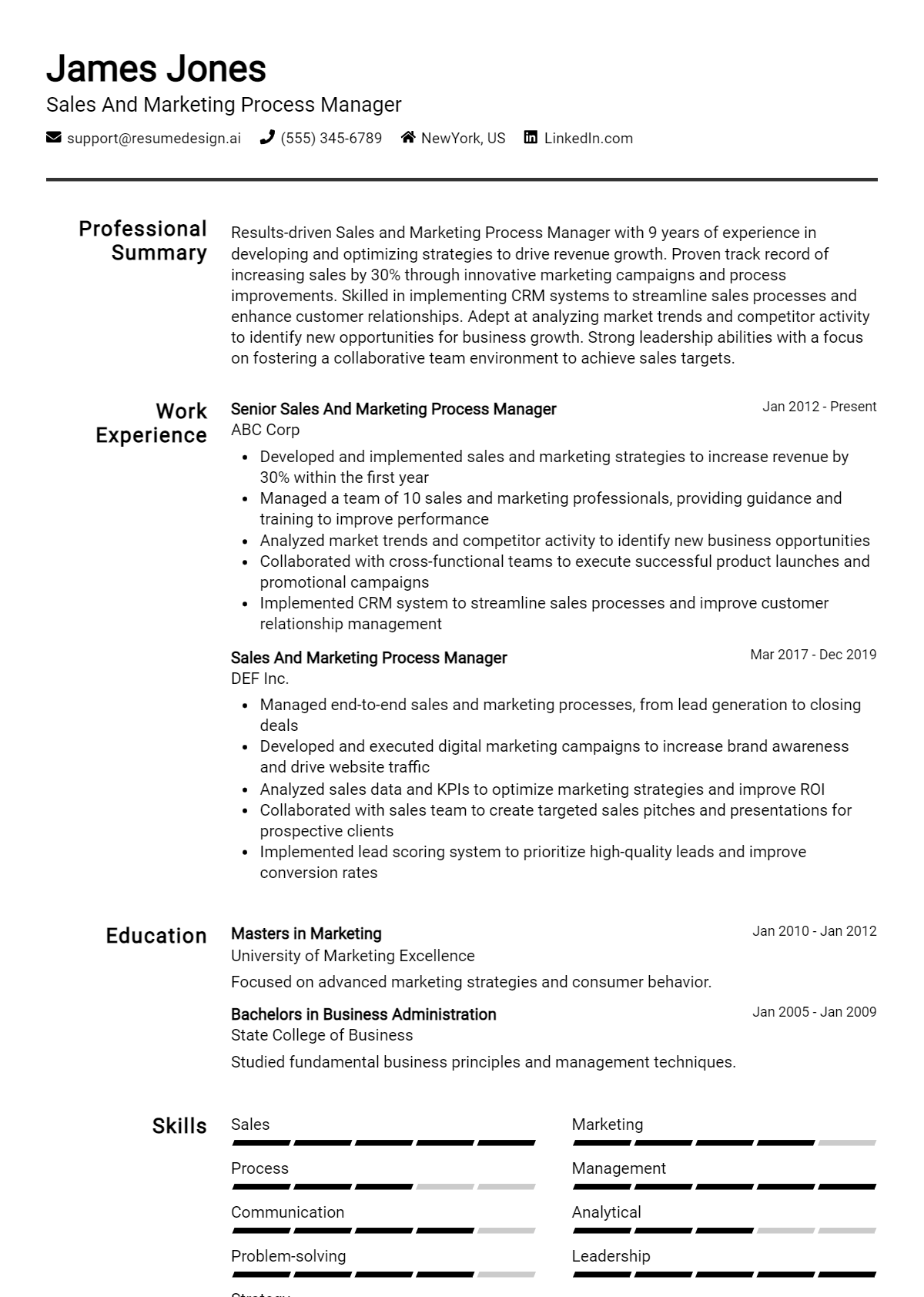 Sales And Marketing Process Manager Resume Example