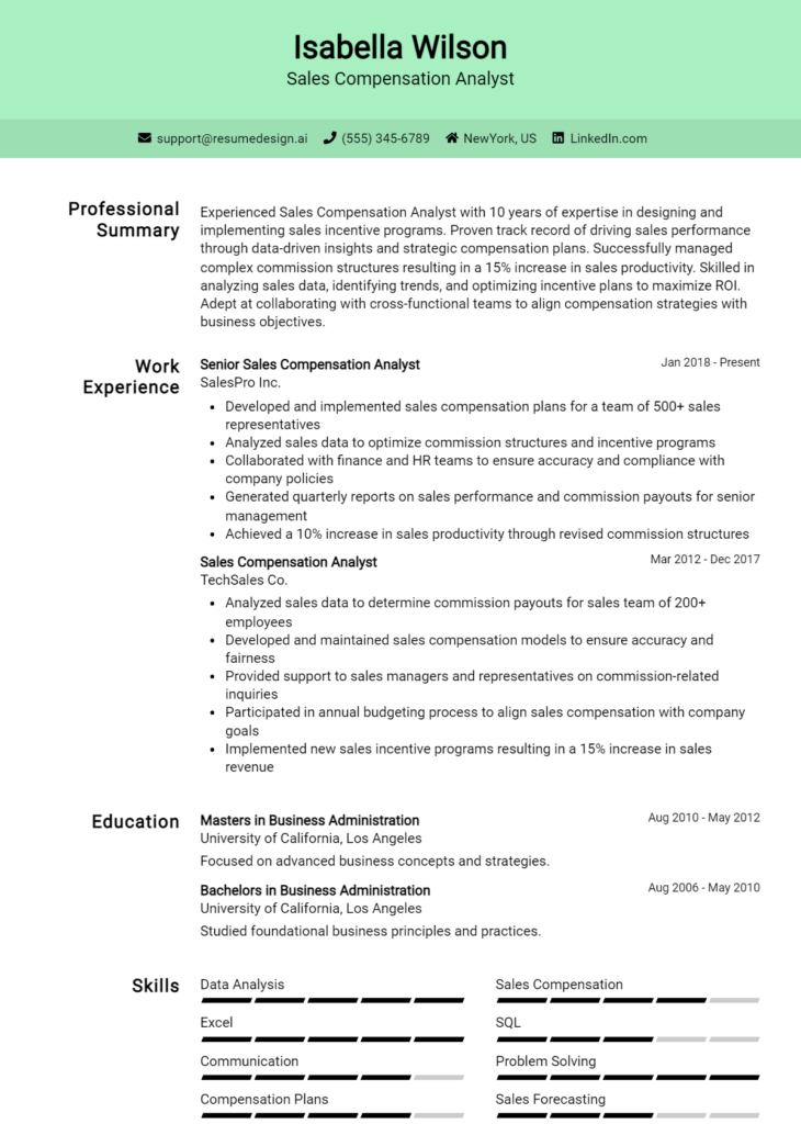 Sales Compensation Analyst Resume Example