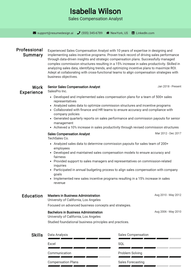 27 Sales Compensation Analyst Resume Examples And Templates for 2025: Expert Tips