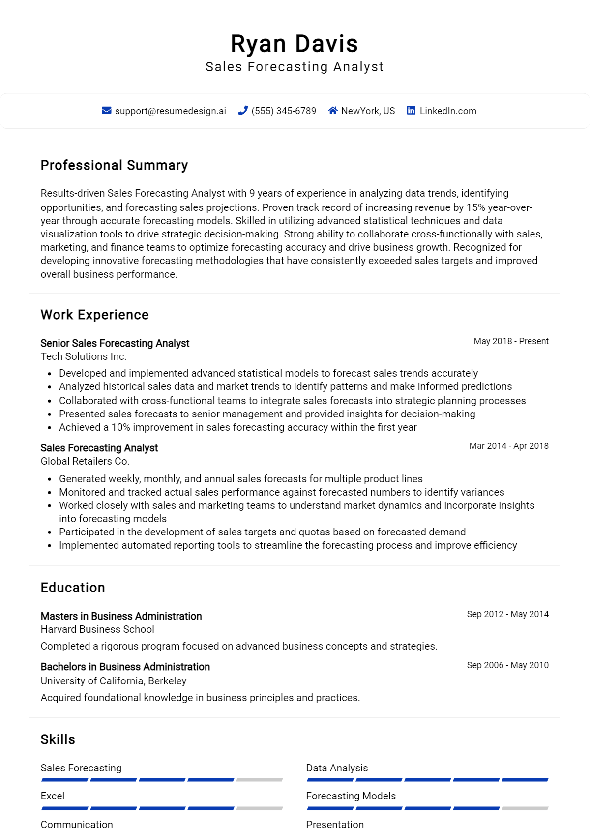 Sales Forecasting Analyst Resume Example