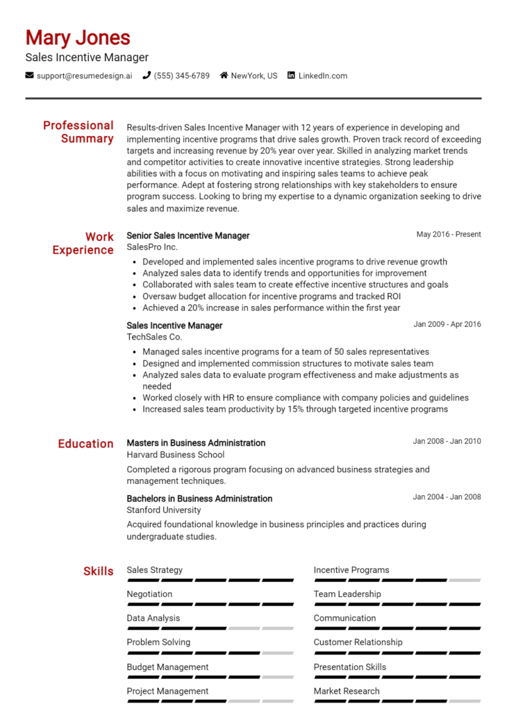 Sales Incentive Manager Resume Example