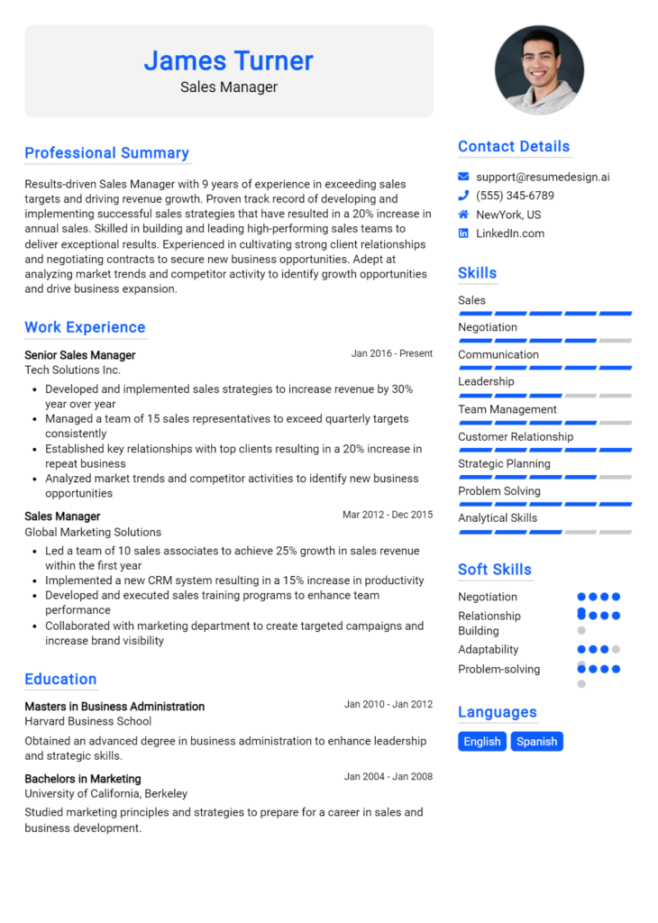 Sales Manager Resume Example