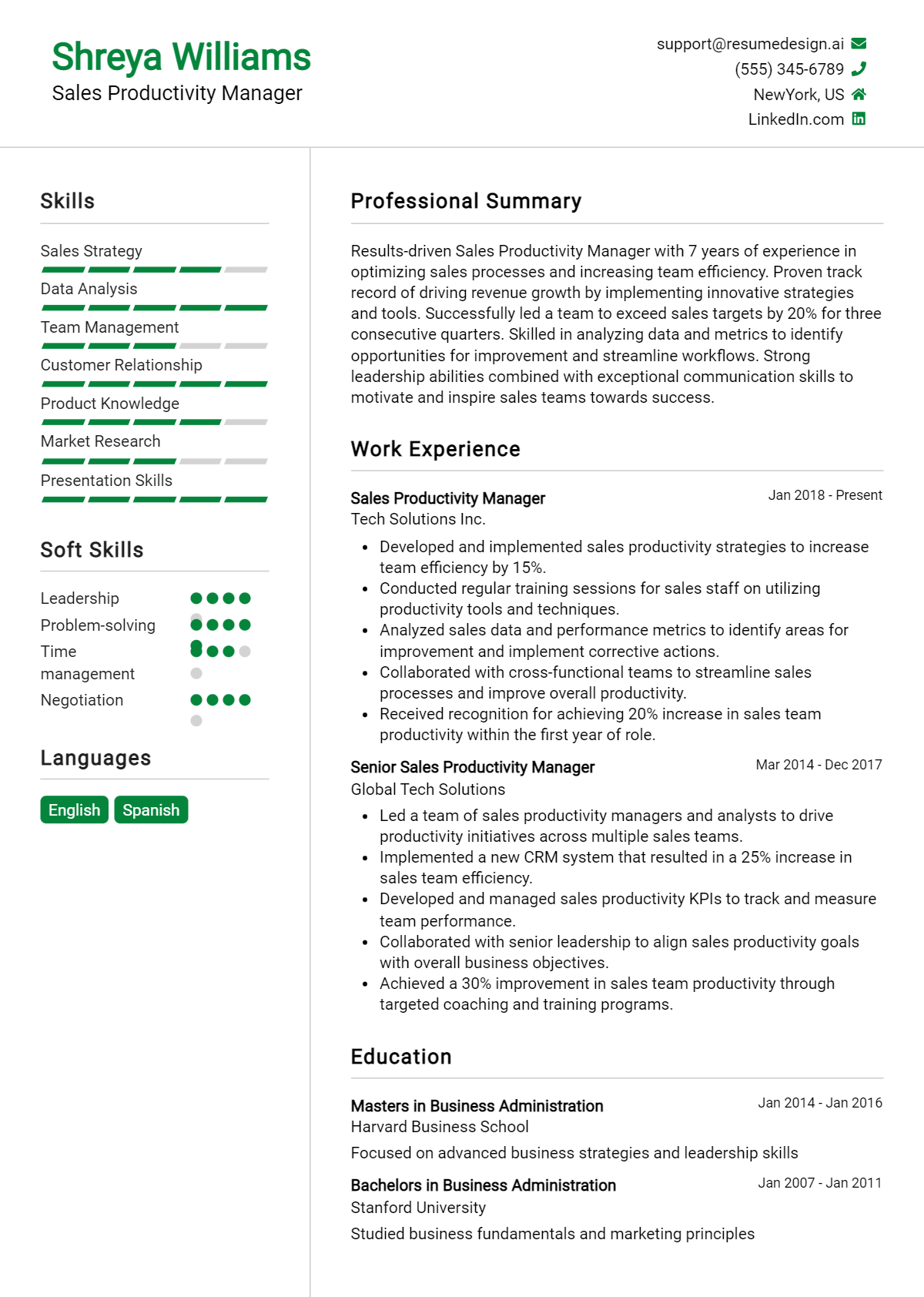 Sales Productivity Manager Resume Example