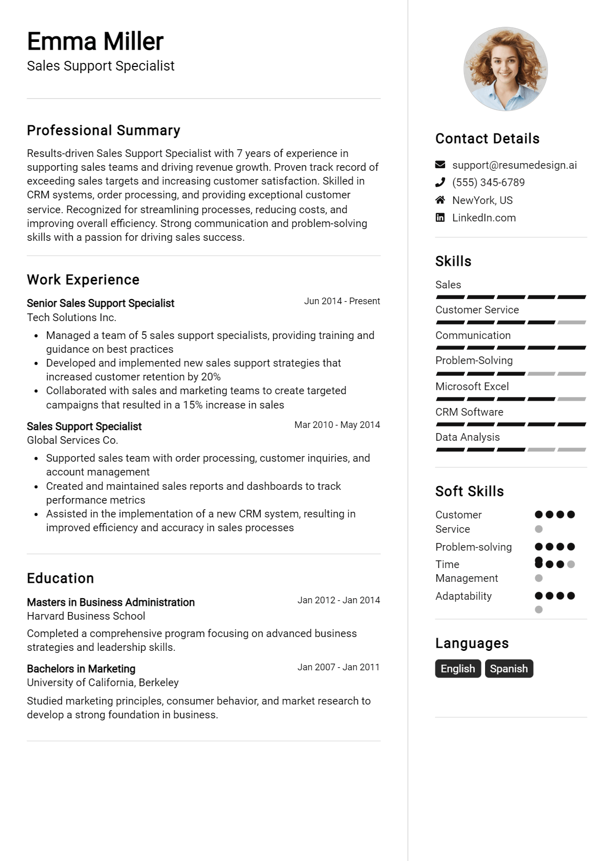 Sales Support Specialist Resume Example