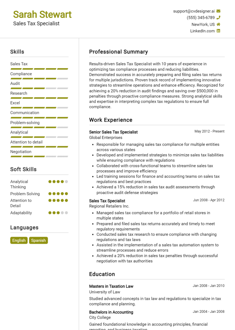 16 Sales Tax Specialist Resume Examples And Templates for 2025 (Downloadable)