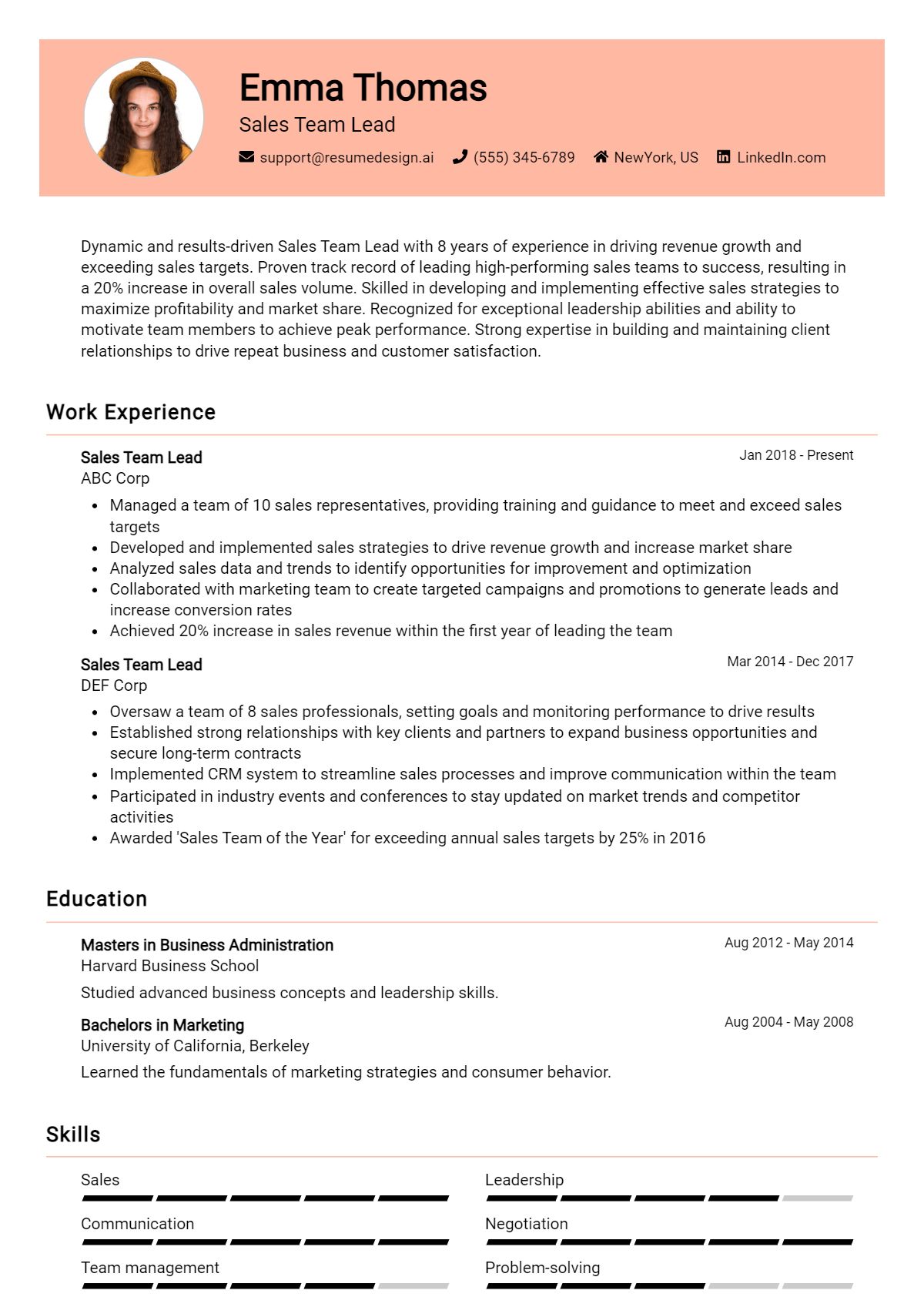 Sales Team Lead Resume Example