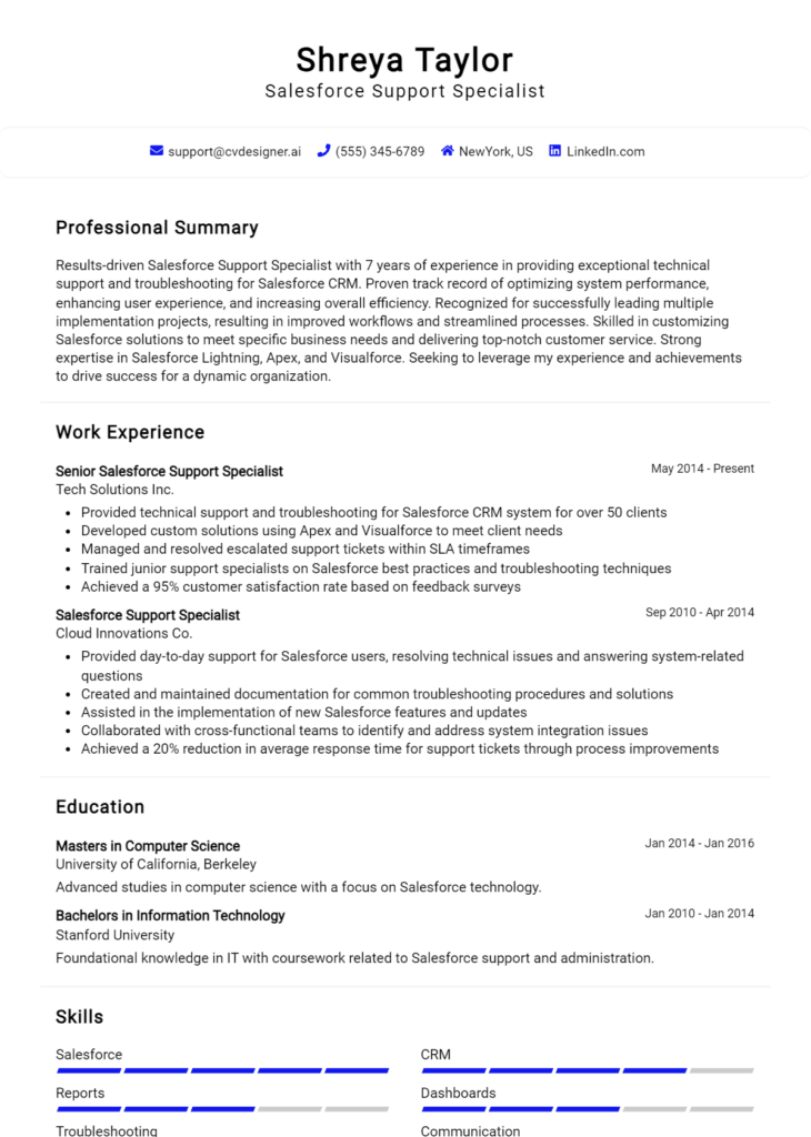 Salesforce Support Specialist Resume Example