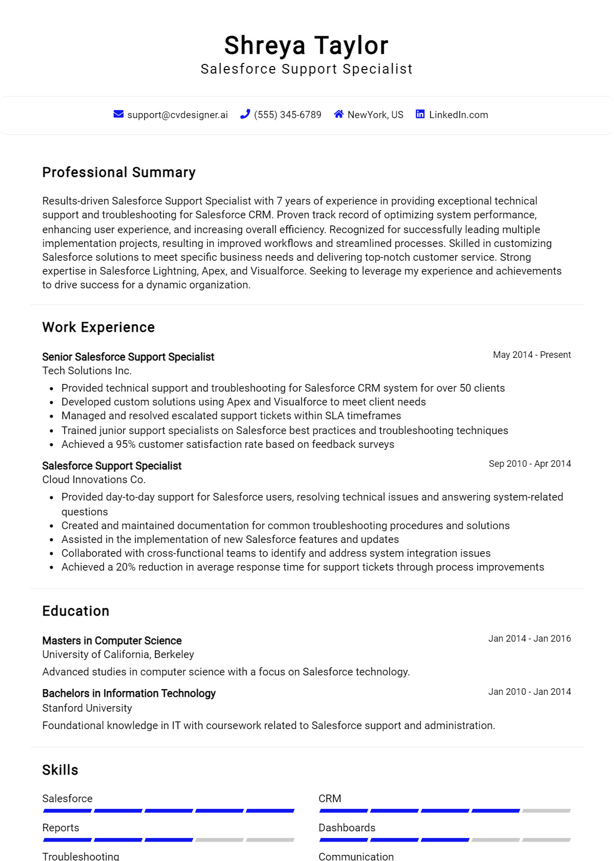 Salesforce Support Specialist Resume Example