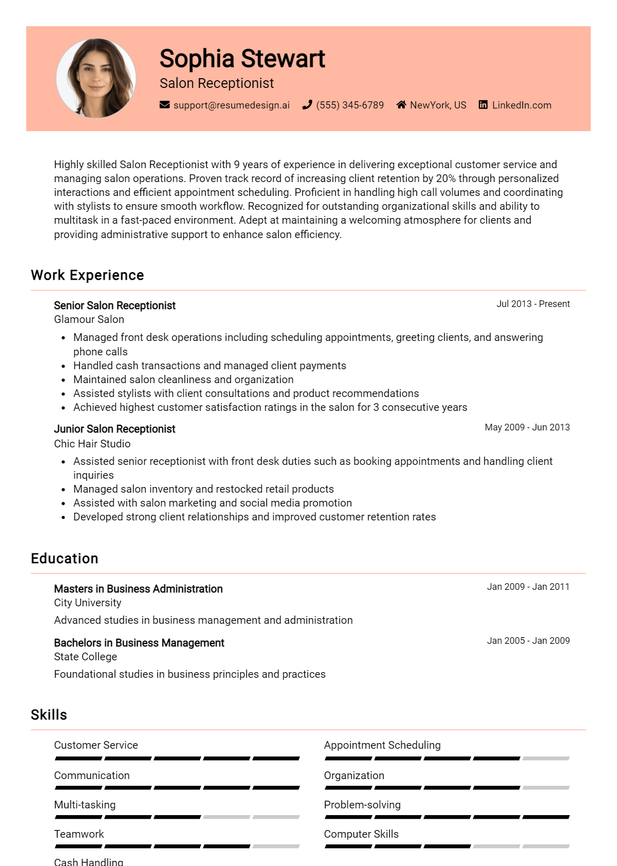 Salon Receptionist Resume Example