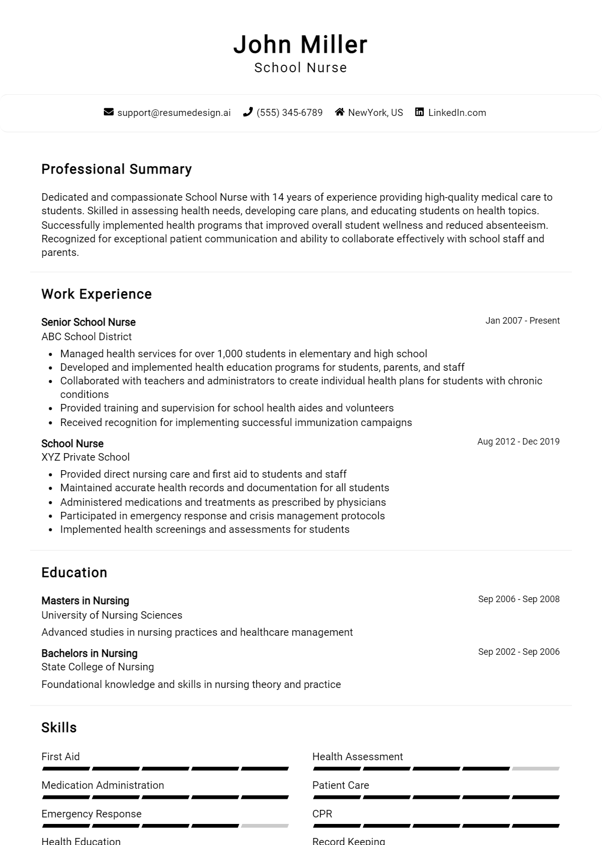 School Nurse Resume Example