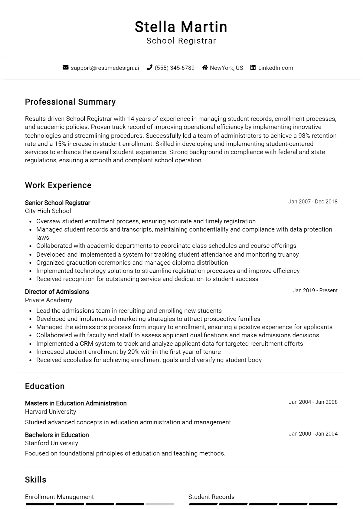 School Registrar Resume Example