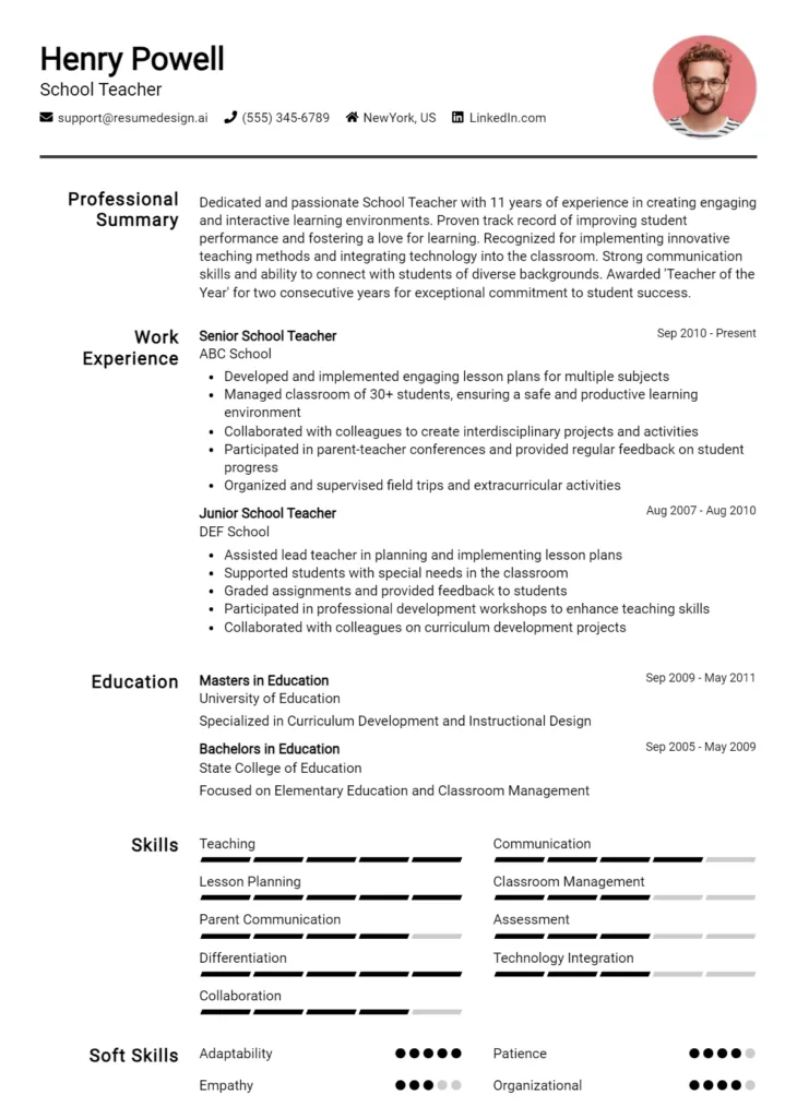 School Teacher Resume Example