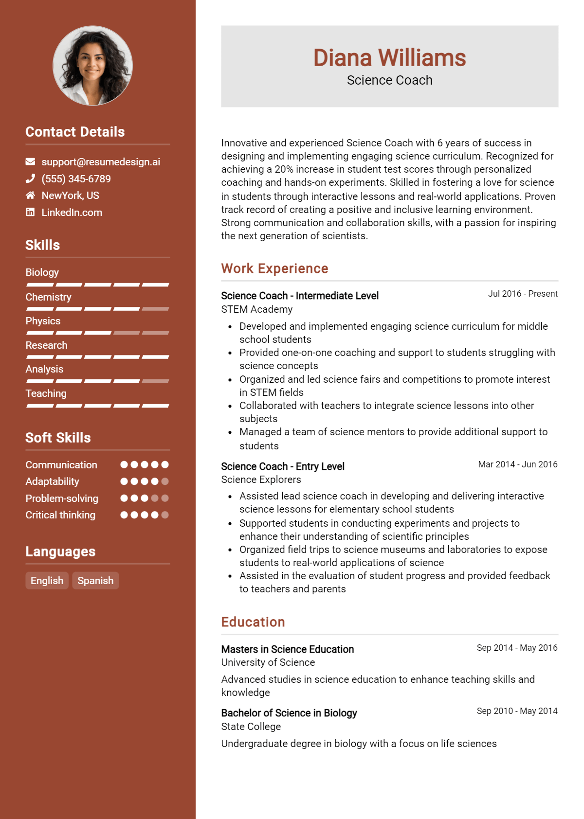 Science Coach Resume Example