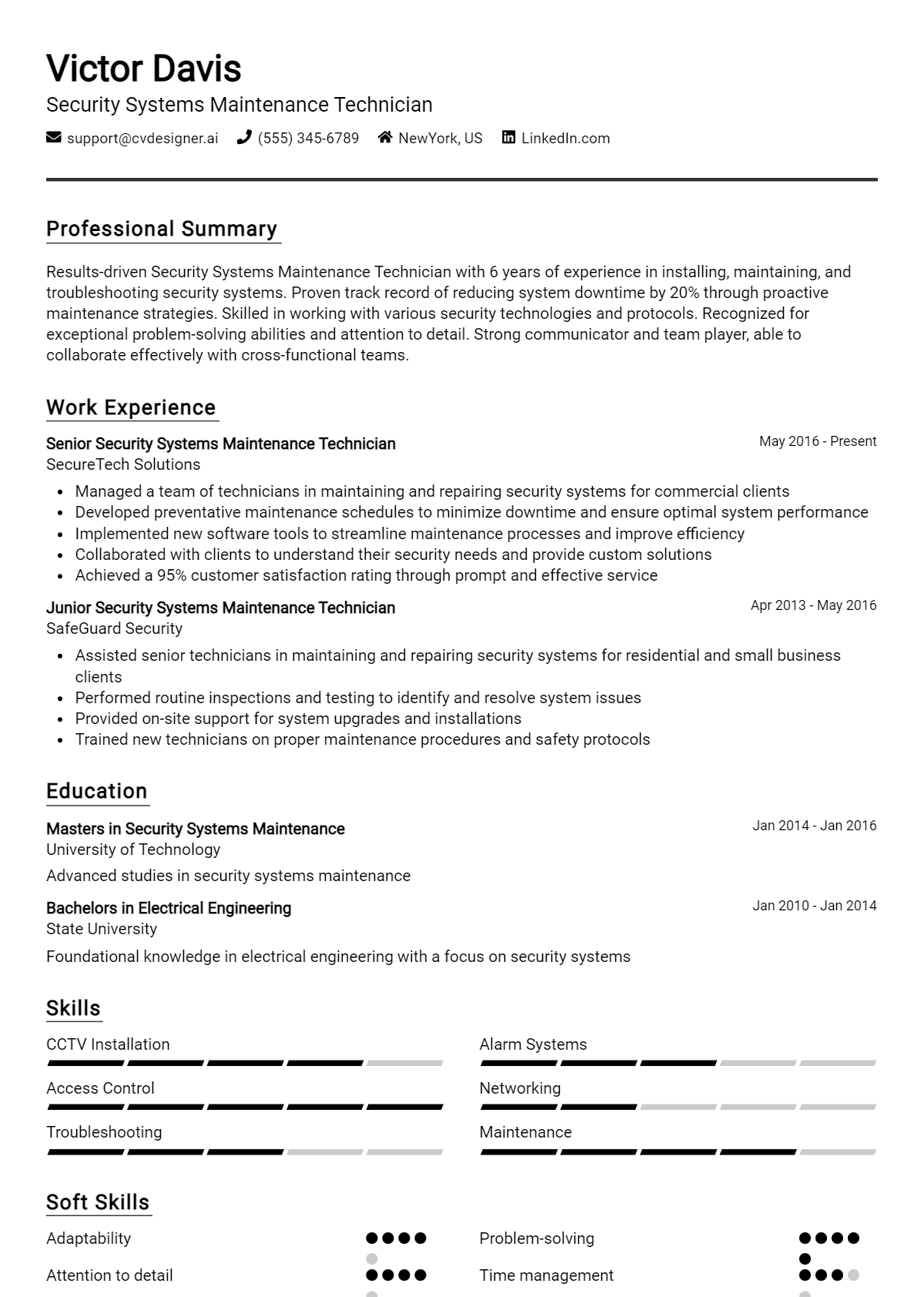 Security Systems Maintenance Technician Resume Example