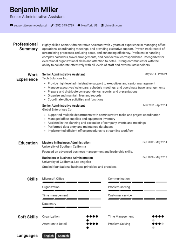 Senior Administrative Assistant Resume Example