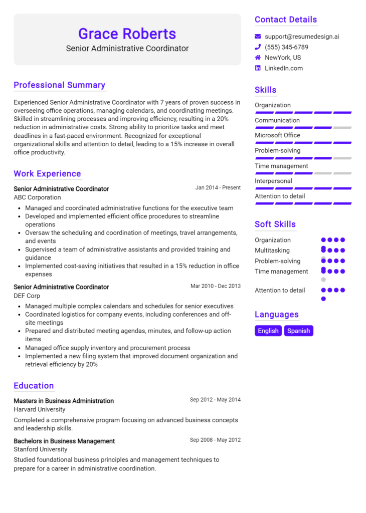 Senior Administrative Coordinator Resume Example