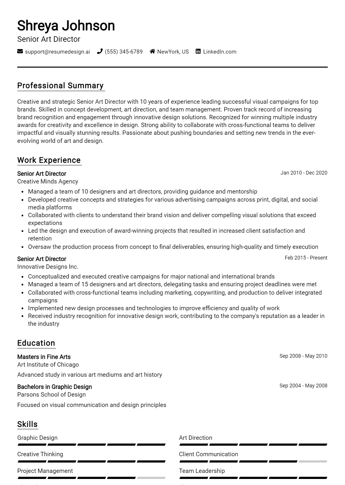 Senior Art Director Resume Example